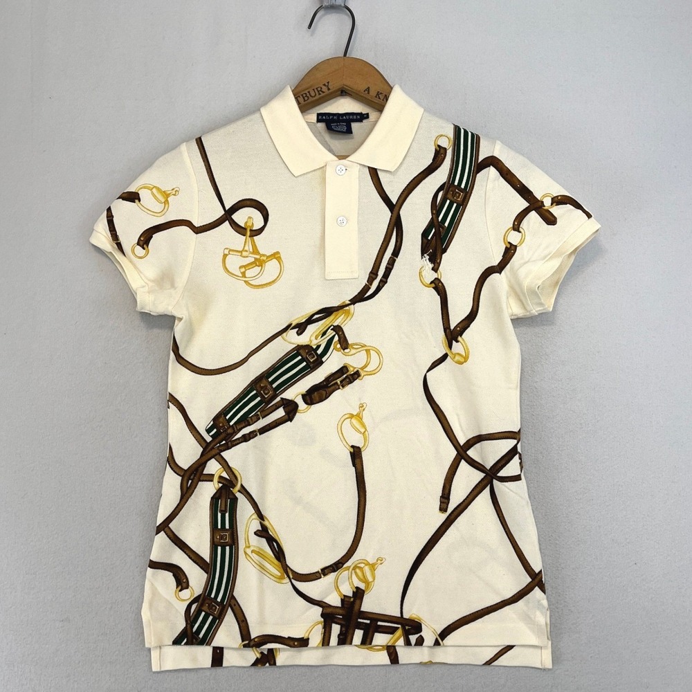 Ralph Lauren Womens Equestrian Horse Bit Print Polo Shirt Cream Brown Size M - Picture 2 of 8